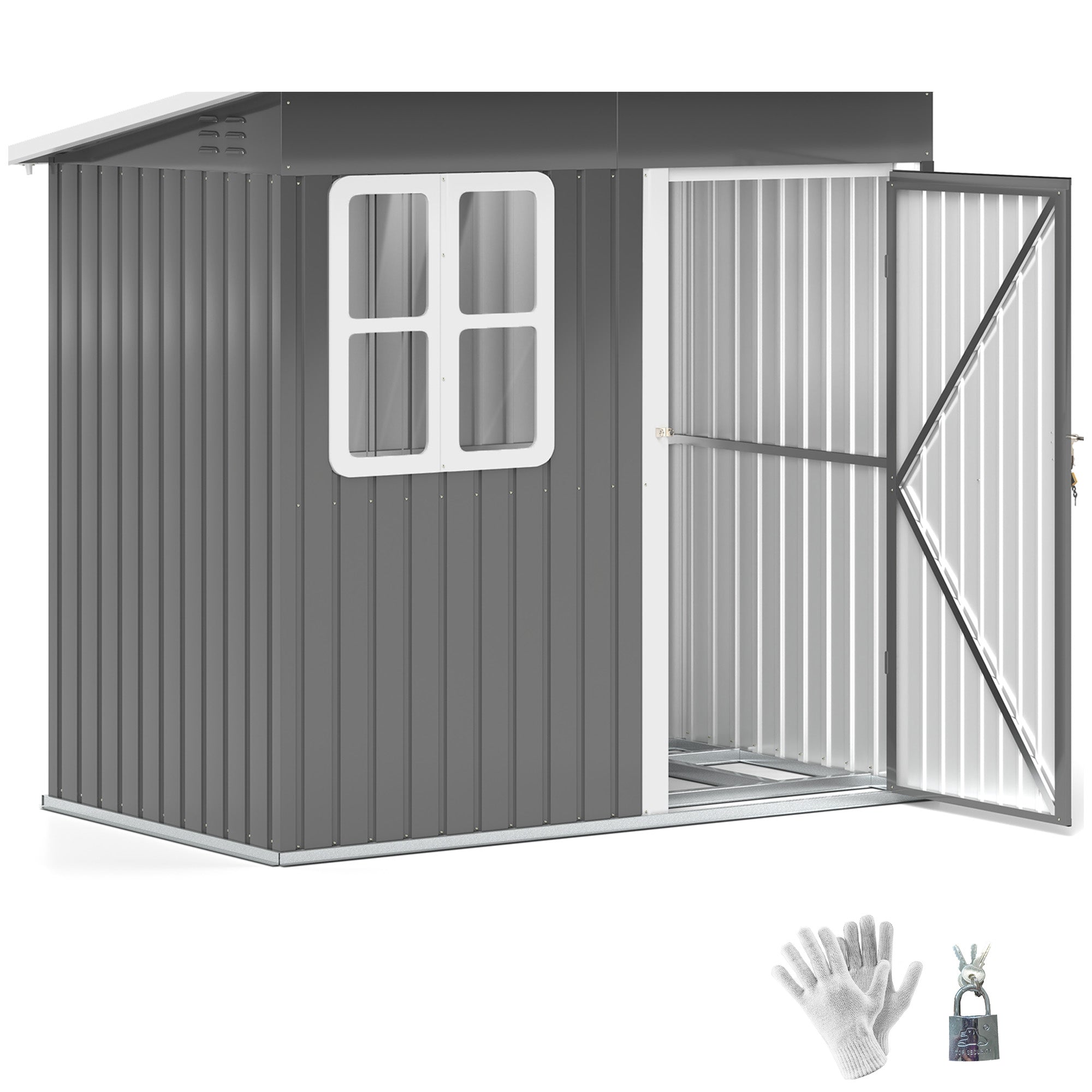 Outsunny 7 x 4ft Galvanised Steel Garden Shed, with Lock and Gloves - Grey