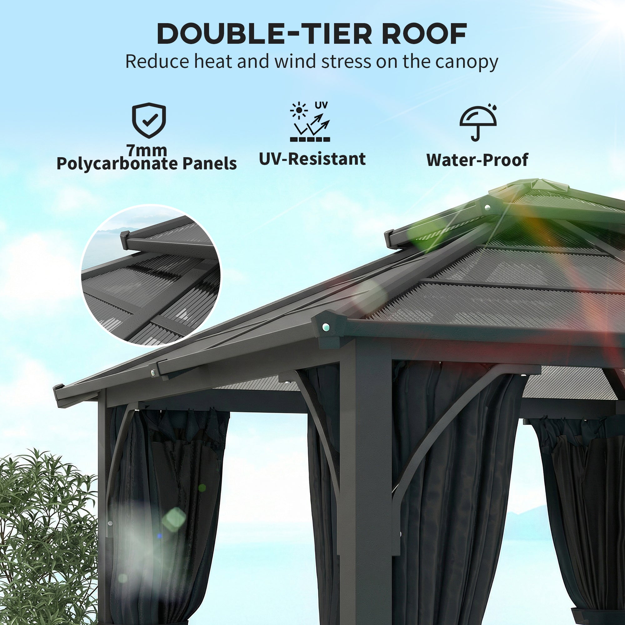 Outsunny 2.5 x 2.5 m Hardtop Gazebo Canopy with 7mm PC Roof, Garden Gazebo Permanent Pavilion with Netting, Curtains, Dark Grey 