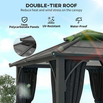 Outsunny 2.5 x 2.5 m Hardtop Gazebo Canopy with 7mm PC Roof, Garden Gazebo Permanent Pavilion with Netting, Curtains, Dark Grey 