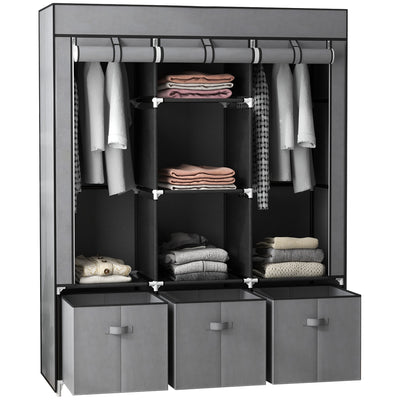 HOMCOM Fabric Wardrobe for Bedroom, Portable Wardrobe with 5 Shelves, 2 Hanging Rails and 3 Fabric Drawers, Foldable Closet, 125 x 43 x 162.5cm, Dark Grey 