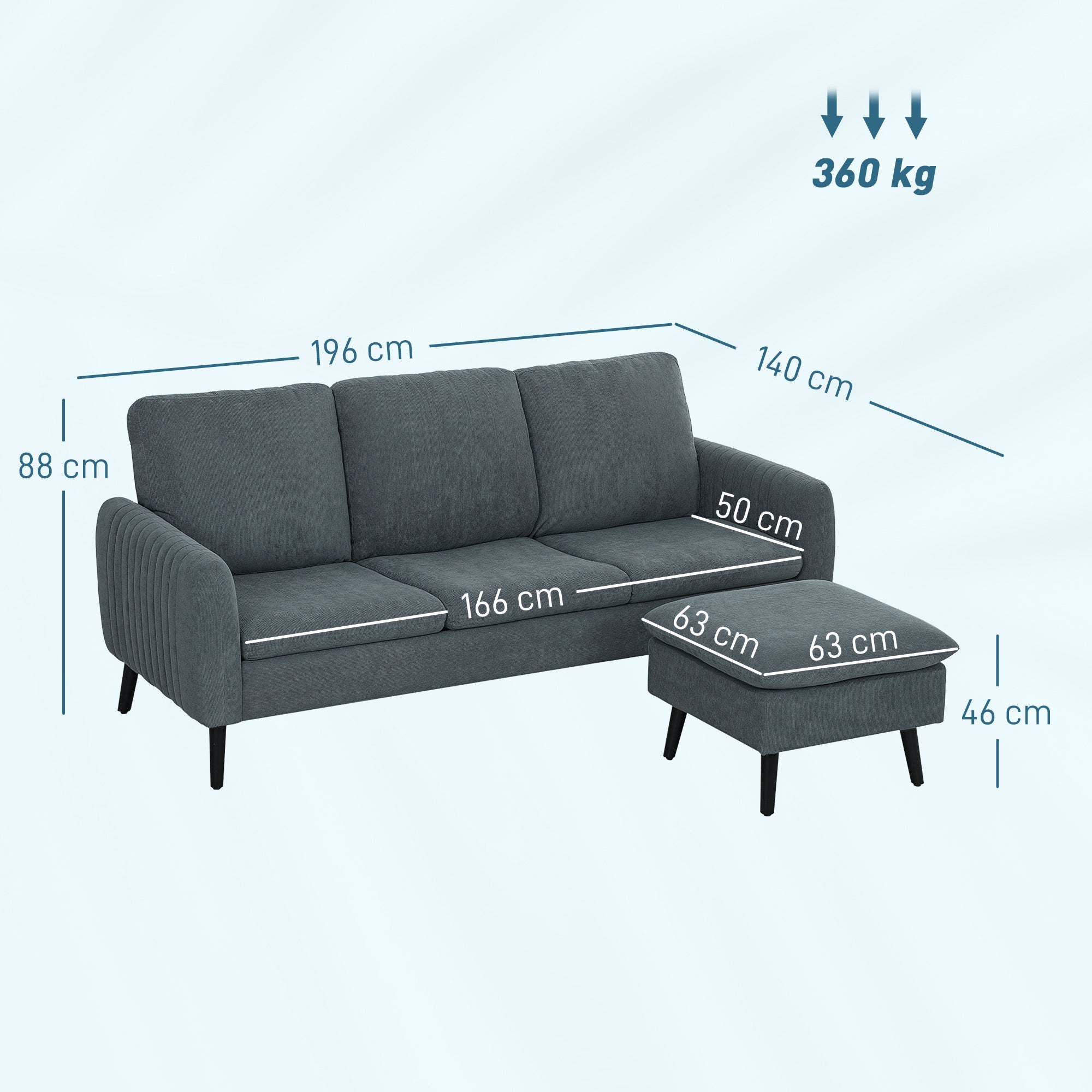 HOMCOM Corner Sofa with Reversible Chaise Lounge, Corduroy Fabric 3 Seater Sofa Settee for Living Room, L Shaped Couch with Scatter Back, Left/Right Hand, Charcoal Grey