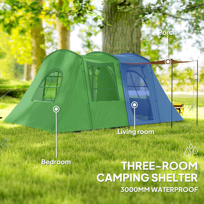 Outsunny 3-4 Man Tunnel Tent, Family Camping Tent with Porch, Bedroom and Living Area, Sewn in Groundsheet, 3000mm Waterproof, Portable with Bag for Hiking, Festival, Backpacking, Green 