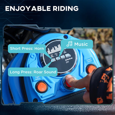 HOMCOM 24V Electric Motorbike with Twist Grip Throttle, Music, Horn, 12" Pneumatic Tyres, 16km/h Max Speed - Blue 