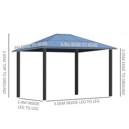 Outsunny 3 x 3.6m Polycarbonate Hardtop Gazebo with LED Solar Light and Aluminium Frame, Garden Pavilion with Mosquito Netting and Curtains 