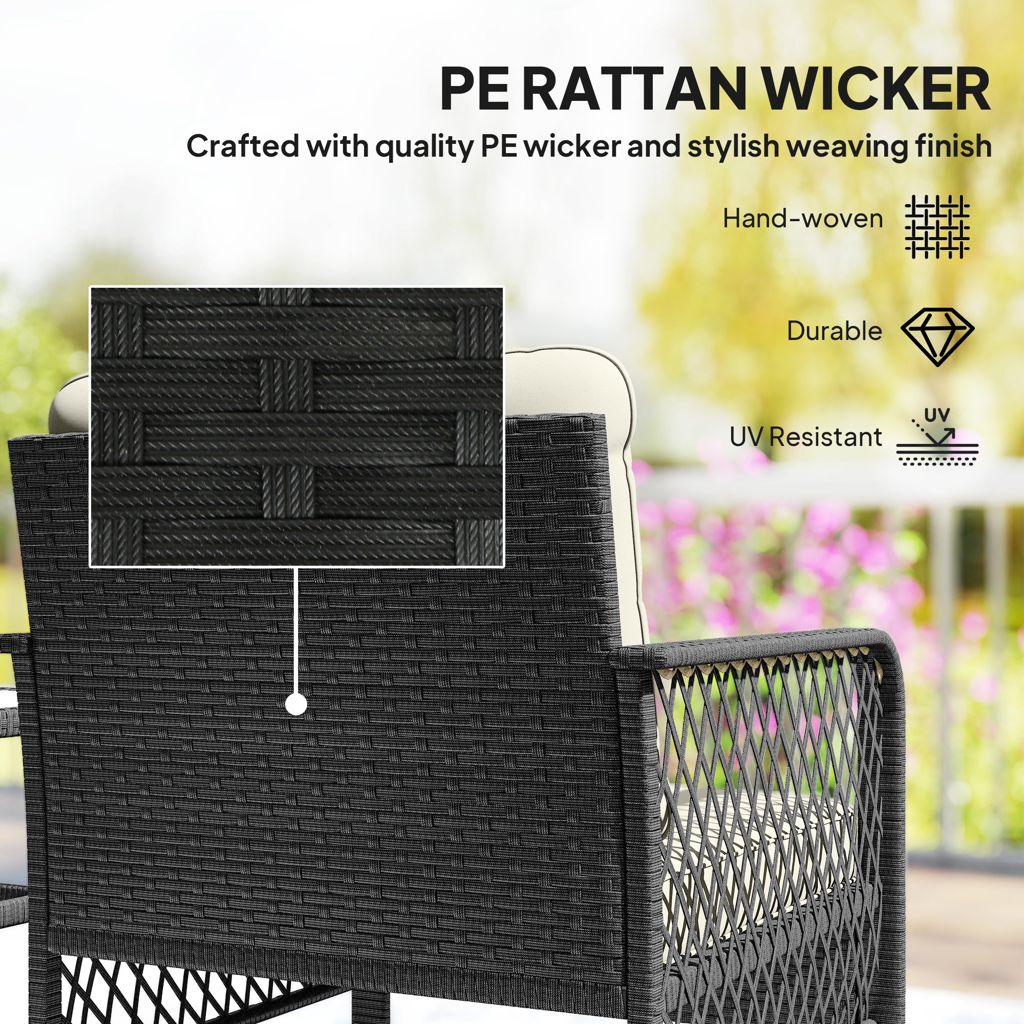 Outsunny 3 Pieces Rattan Bistro Set with Glass Top Coffee Table, Chairs and Cushions for Outdoor, Patio, Balcony, Cream 