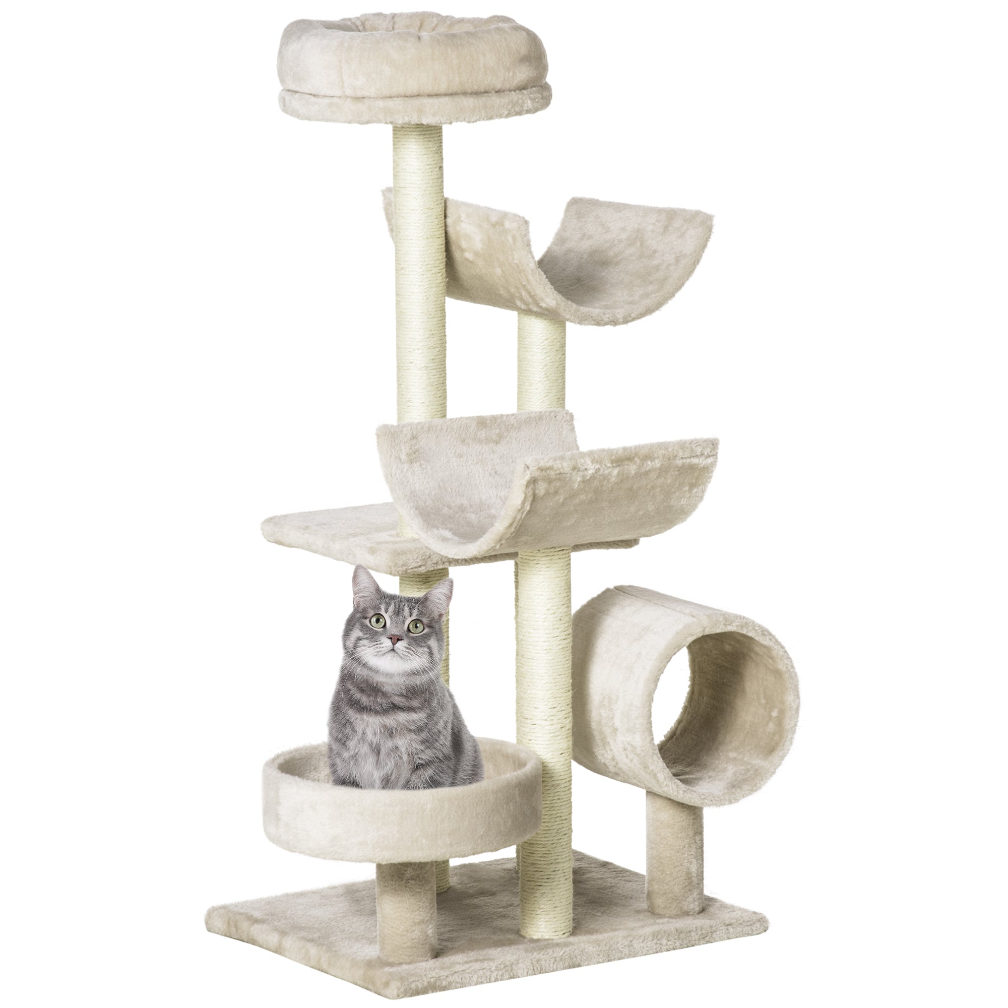 PawHut Cat Tree for Indoor Cats Kitten Pet Scratching Post Perch Activity Center Scratcher Climb Post Play House Arch with Tunnel 105cm Tall Beige 
