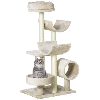 PawHut Cat Tree for Indoor Cats Kitten Pet Scratching Post Perch Activity Center Scratcher Climb Post Play House Arch with Tunnel 105cm Tall Beige 