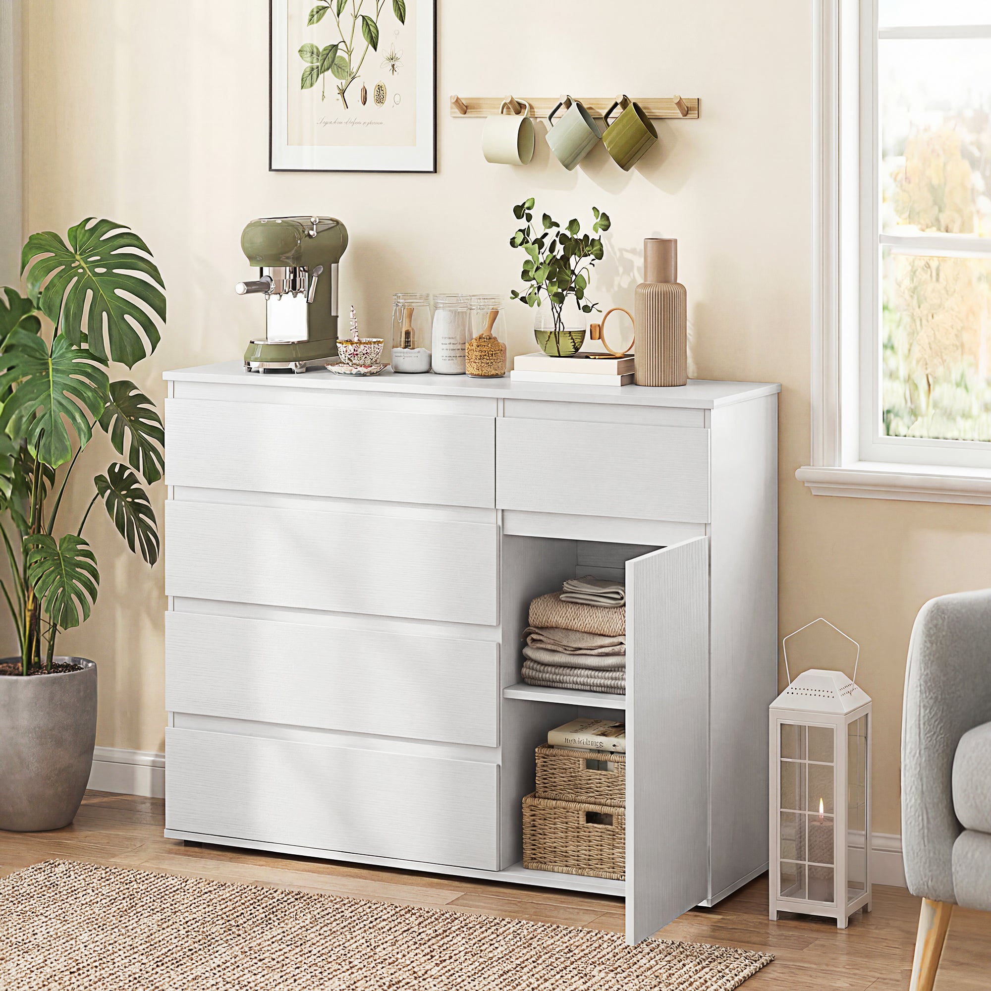 HOMCOM Modern Chest Of Drawers, 5 Drawer Dresser with Adjustable Shelf, Soft-Close Door, White 