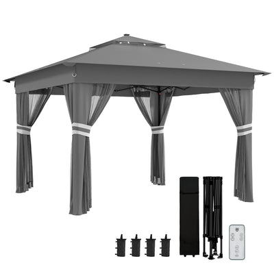 Outsunny 3 x 3(m) Pop Up Gazebo Party Tent with Solar-Powered LED Lights, Adjustable Event Shelter with Netting, Grey 