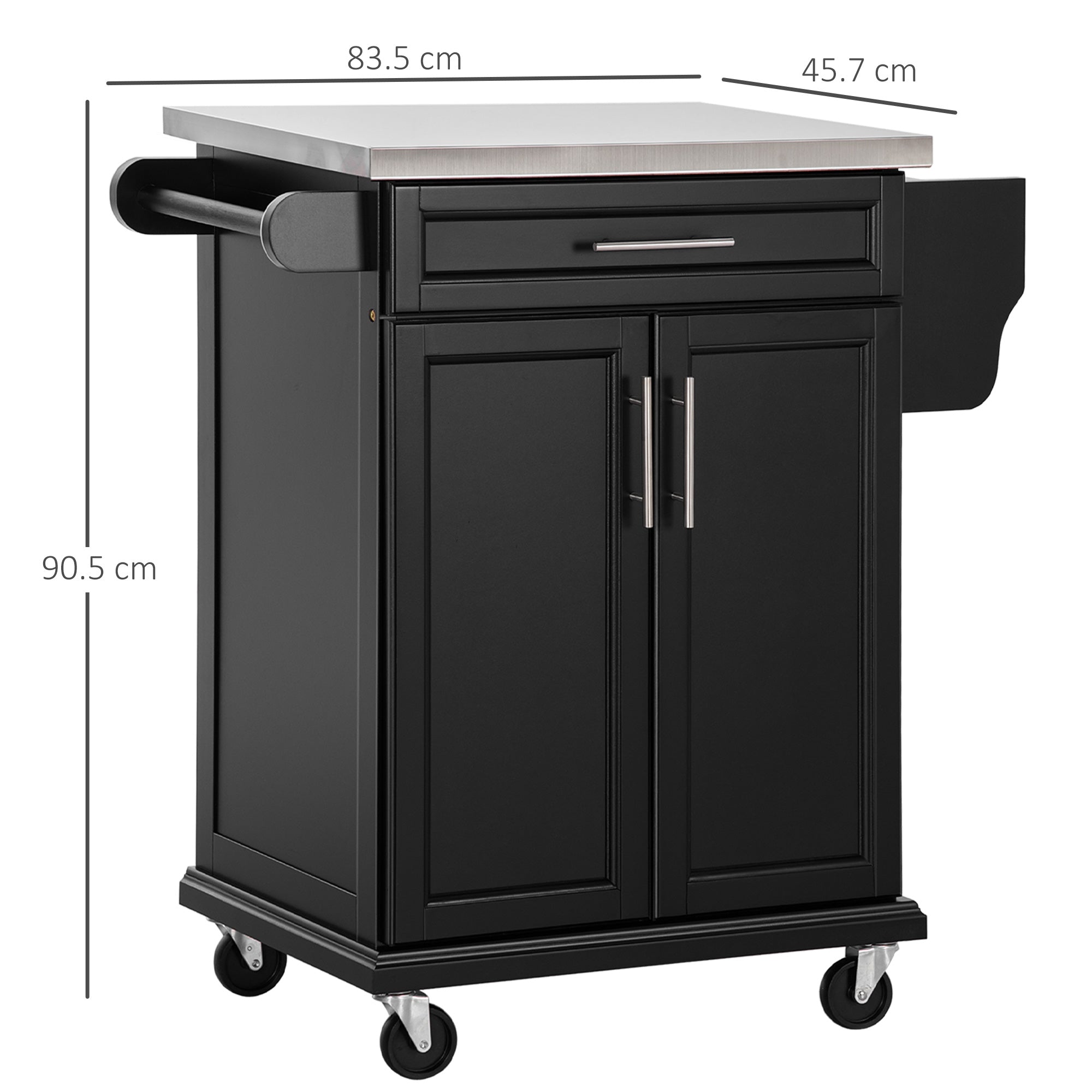 HOMCOM Wooden Kitchen Island on Wheels, Serving Cart Storage Trolley with Stainless Steel Top, Drawer, Side Handle and Rack, Black 