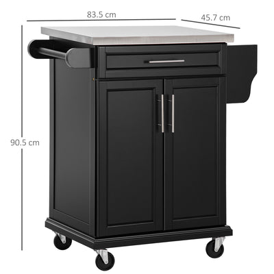 HOMCOM Wooden Kitchen Island on Wheels, Serving Cart Storage Trolley with Stainless Steel Top, Drawer, Side Handle and Rack, Black 