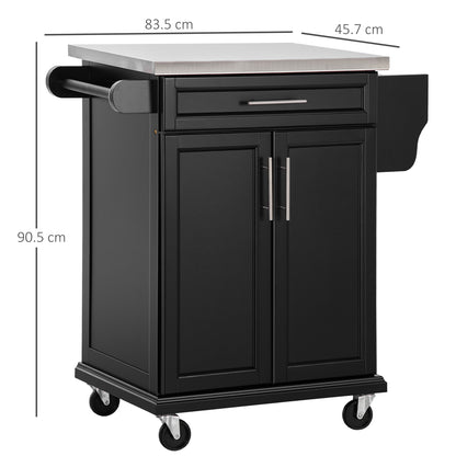 HOMCOM Wooden Kitchen Island on Wheels, Serving Cart Storage Trolley with Stainless Steel Top, Drawer, Side Handle and Rack, Black 