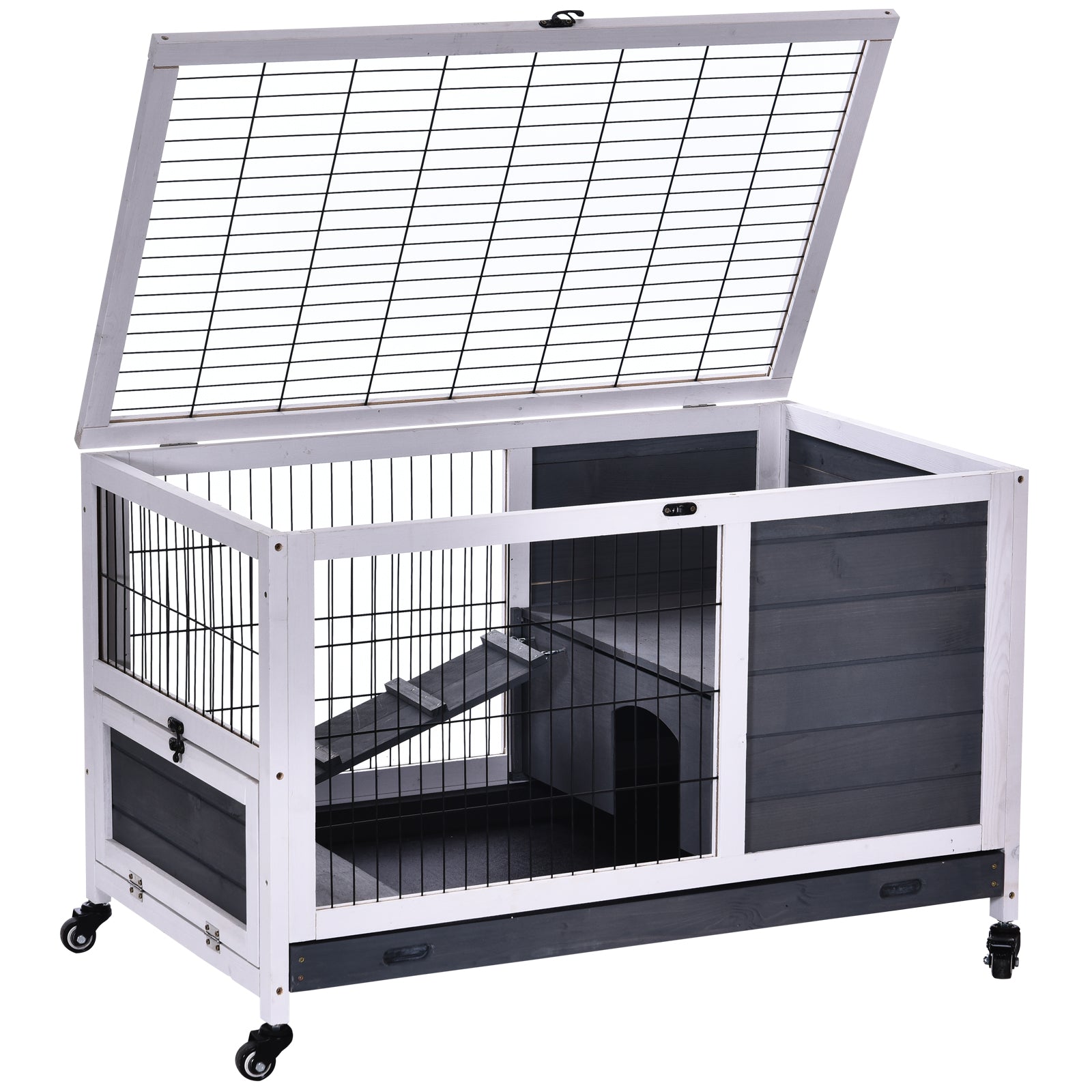 PawHut Wooden Guinea Pig Hutch, 2-Floor Bunny Cage w/ Enclosed Run Area, Grey 