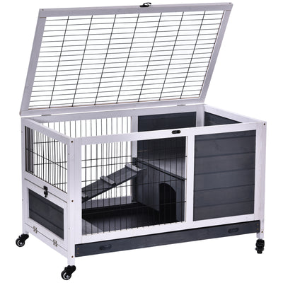 PawHut Wooden Guinea Pig Hutch, 2-Floor Bunny Cage w/ Enclosed Run Area, Grey 