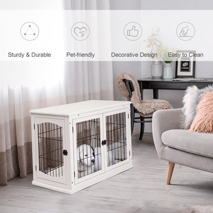 PawHut Dog Crate Furniture, Puppy Crate End Table, Pet Kennel House with 2 Doors for Medium and Small Dogs, 81 x 58.5 x 66 cm, White 