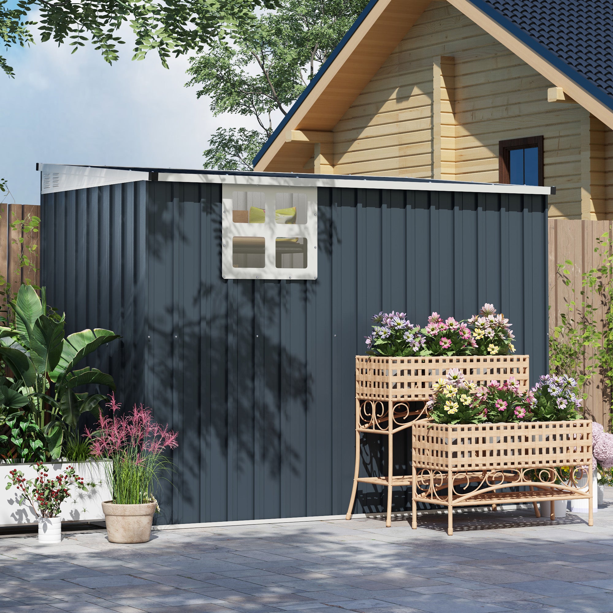 Outsunny 7.6 x 4ft Garden Metal Shed, Outdoor Storage Shed with Window, 2 Vents and Lockable Door for Garden, Patio, Dark Grey