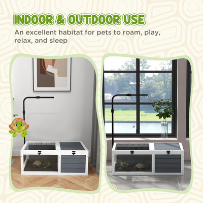 PawHut Tortoise Table with Adjustable Lamp Holder, Wooden Tortoise House w/ Openable Lids, Pull-Out Trays - Grey 
