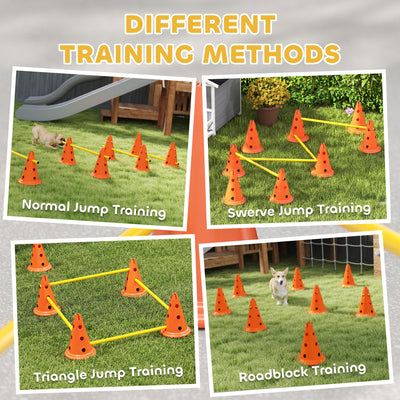 PawHut Dog Agility Equipment Set of Eight Cones, Eight Poles w/ Carry Bag, Four-Piece Adjustable Height Jumping Obstacles 