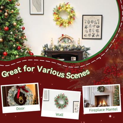 HOMCOM 60 cm Prelit Christmas Wreath, Door Wreath with Realistic Branches, 30 Warm White LEDs, Timer, Battery Operated