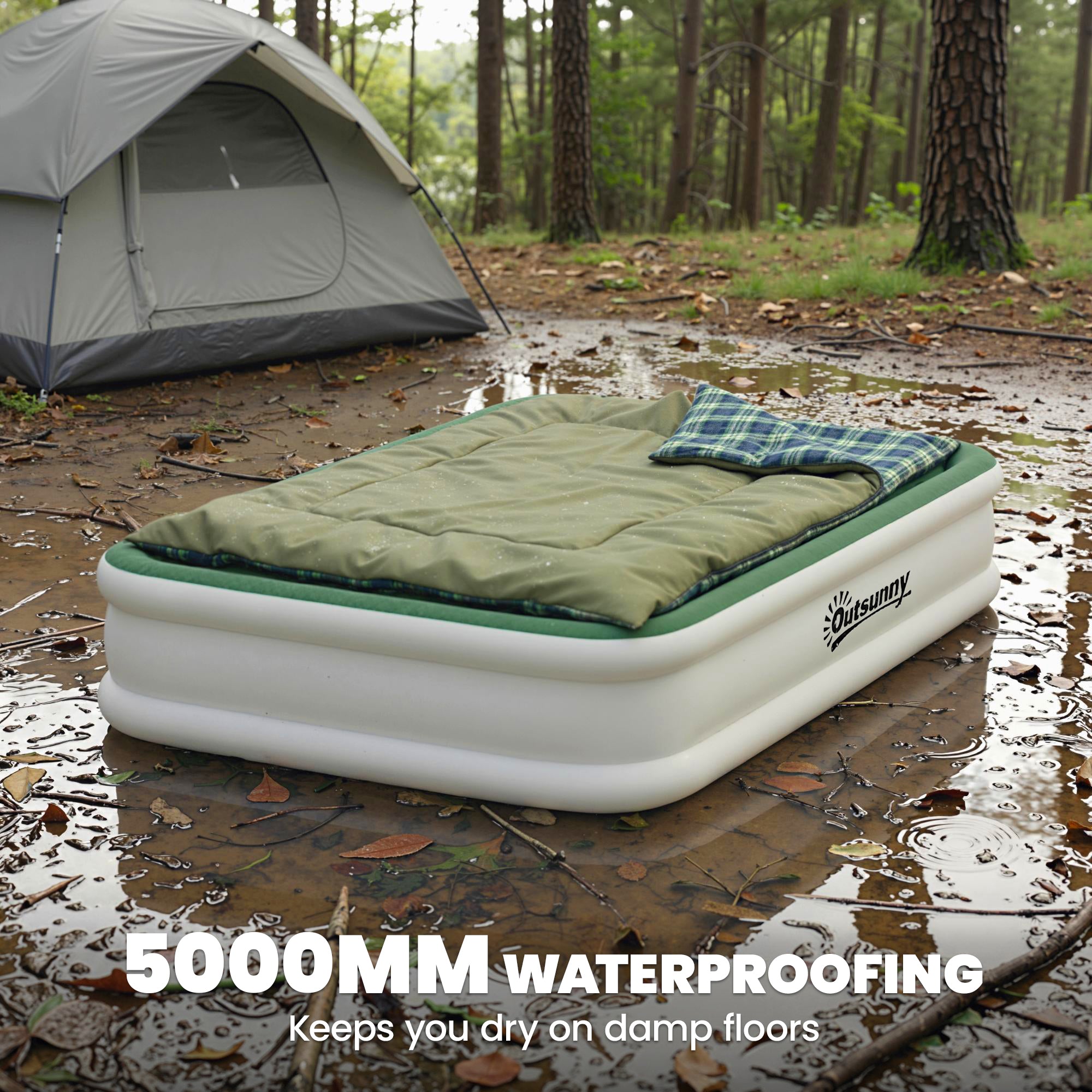 Outsunny Inflatable Mattress, Double Air Bed with Built-in Electric Pump, 3 Mins Inflation, Flocked Surface, Dark Green 