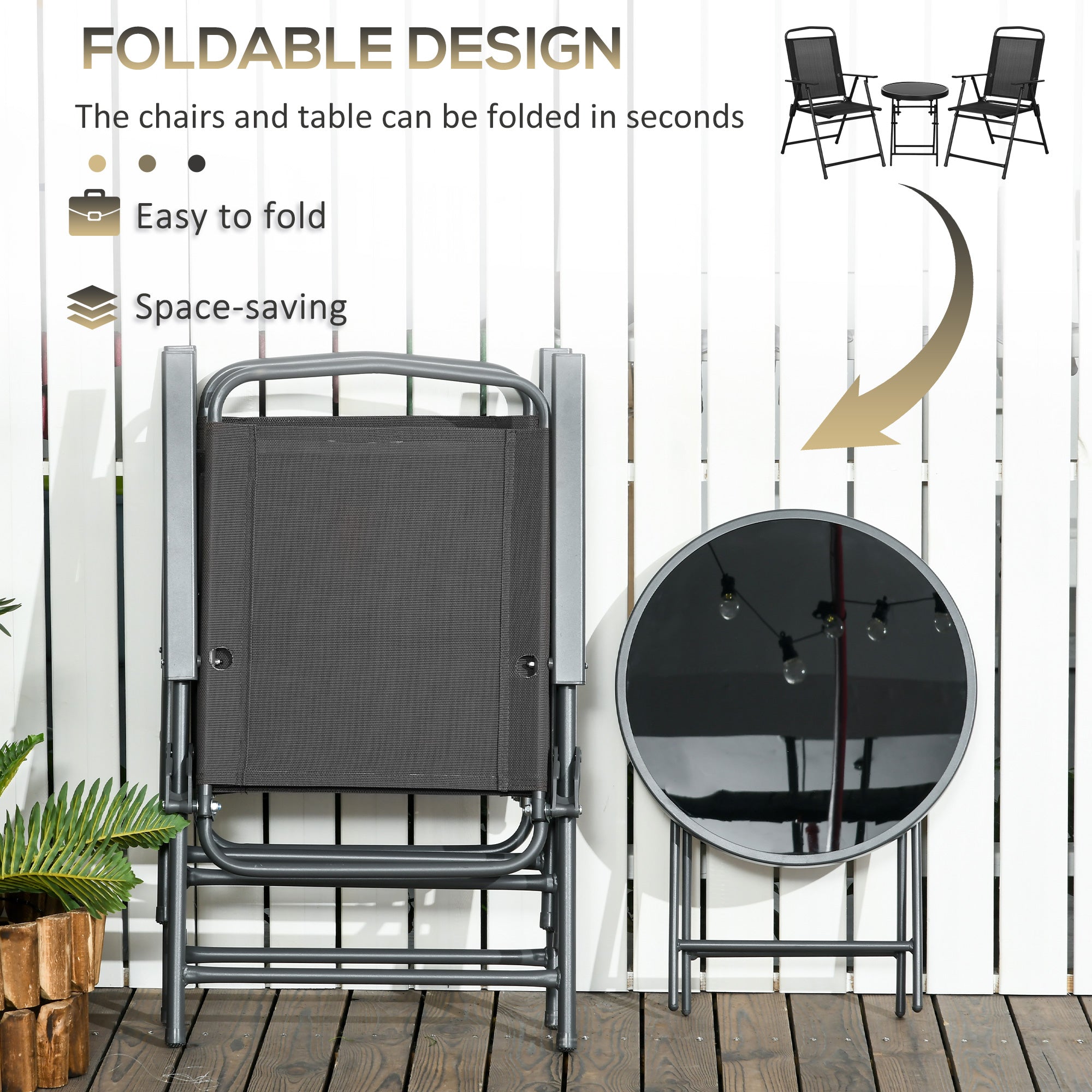 Outsunny Three-Piece Garden Seat Set, with Glass-Top Table - Black 
