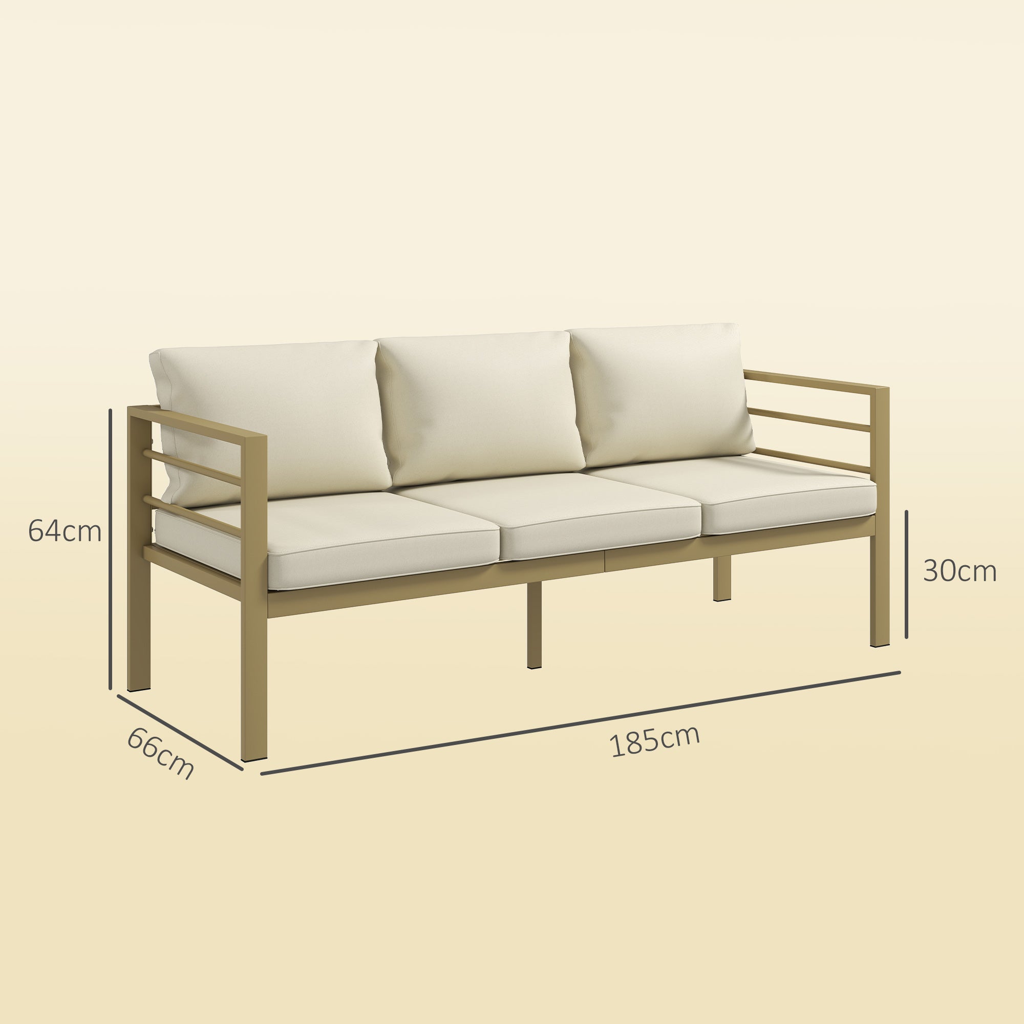 Outsunny Garden Bench with Cushions, 3-Seater Sofa with Backrest, Armrest and Back Cushions, 185 x 66 x 64cm, Cream White 