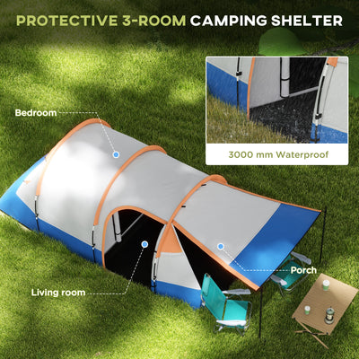 Outsunny Camping Tent, Large Tunnel Tent with Bedroom and Living Area, 2000mm Waterproof, Portable with Bag for 2-3 Man, Orange 