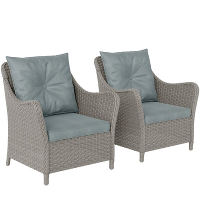 Outsunny Rattan Garden Chairs Set of 2, Outdoor Rattan Chairs with Cushions, Armrests and High Back, PE Wicker Garden Armchair with Steel Frame for Balcony, Porch, Light Grey 