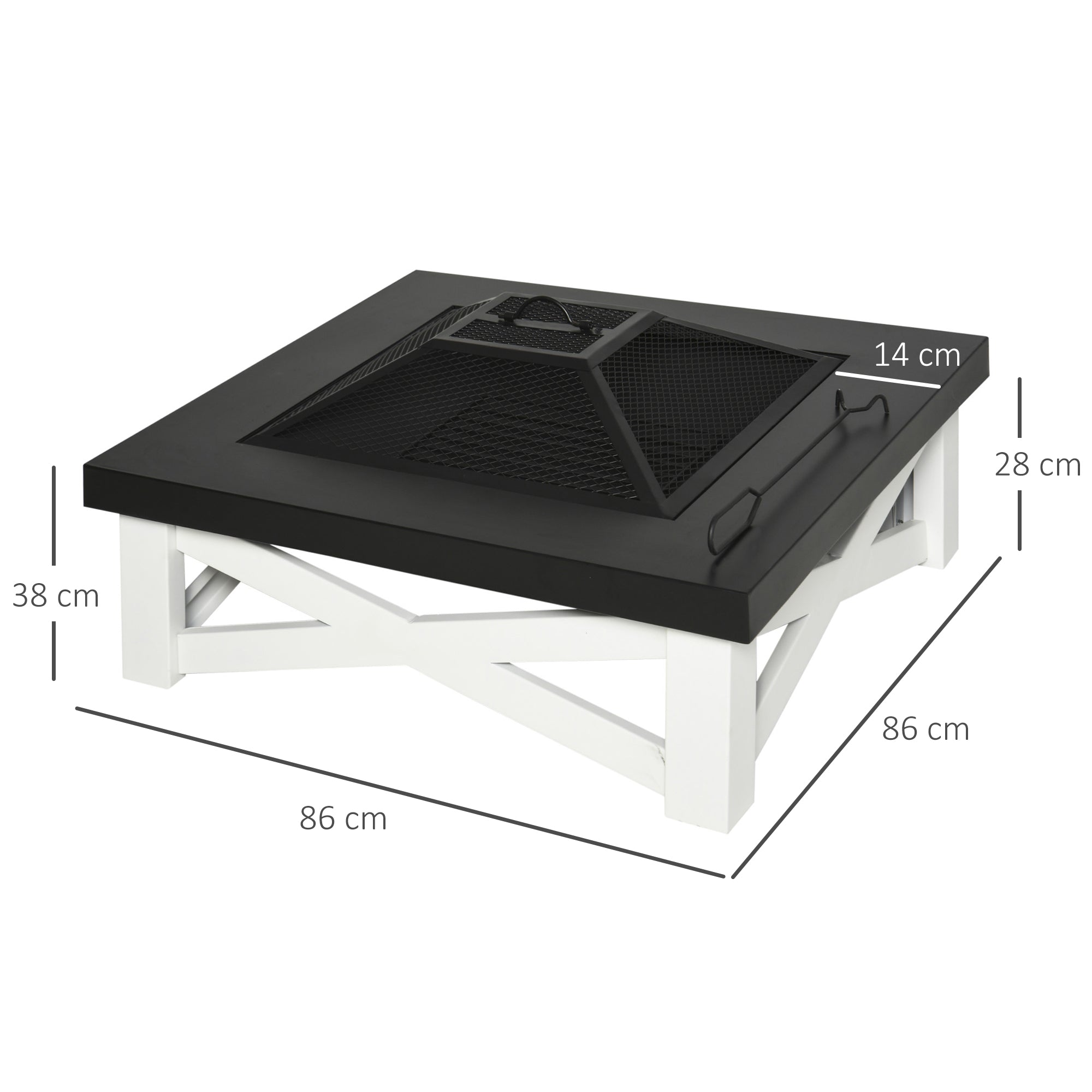 Outsunny Metal Large Firepit Outdoor 3 in 1 Square Fire Pit Brazier w/ BBQ Grill, Lid, Log Grate, Poker for Backyard, Camping, Bonfire, Wood Burning Stove, 86 x 86 x 38cm, Black 
