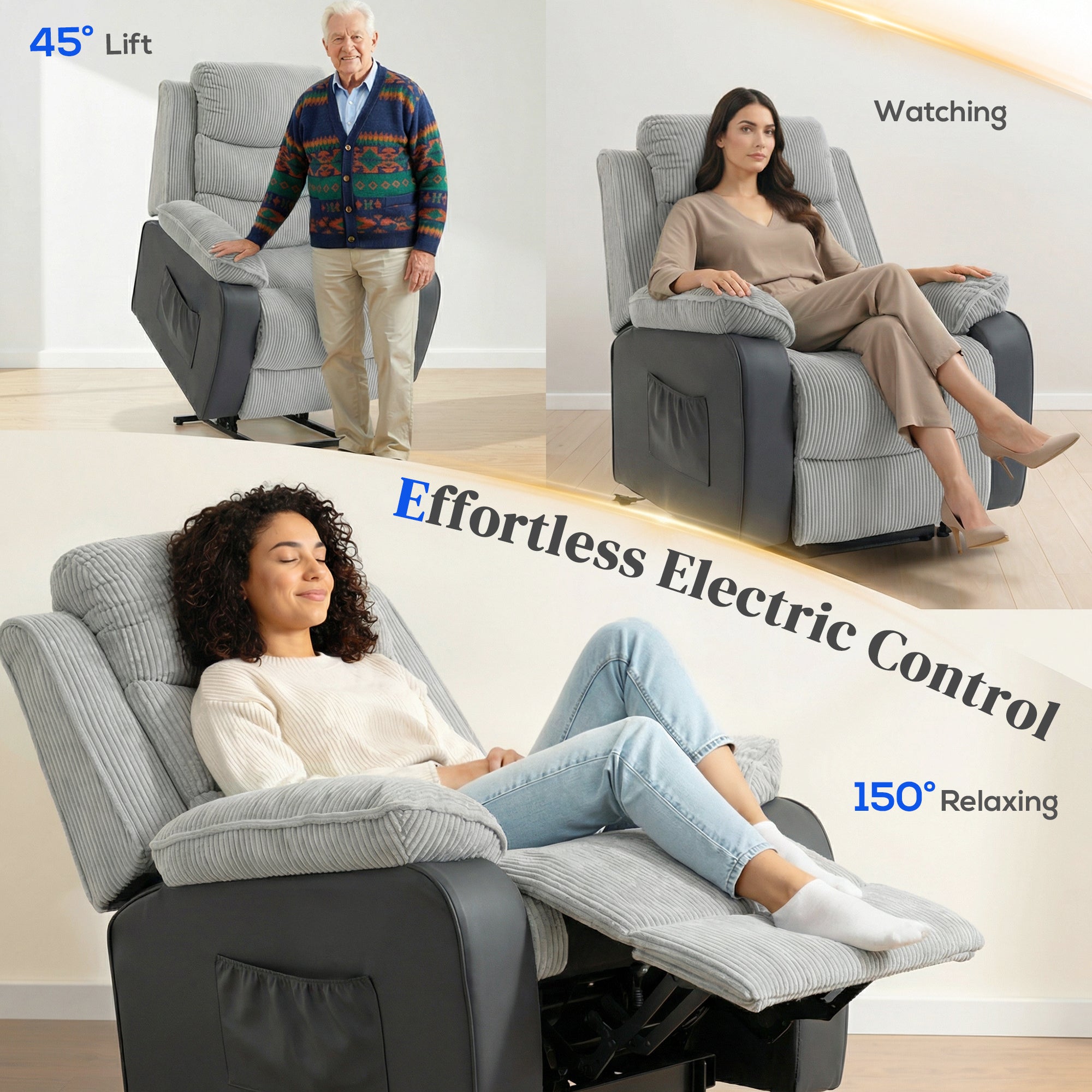 HOMCOM Overstuffed Corduroy Electric Lift Recliner Chair - Light Grey 