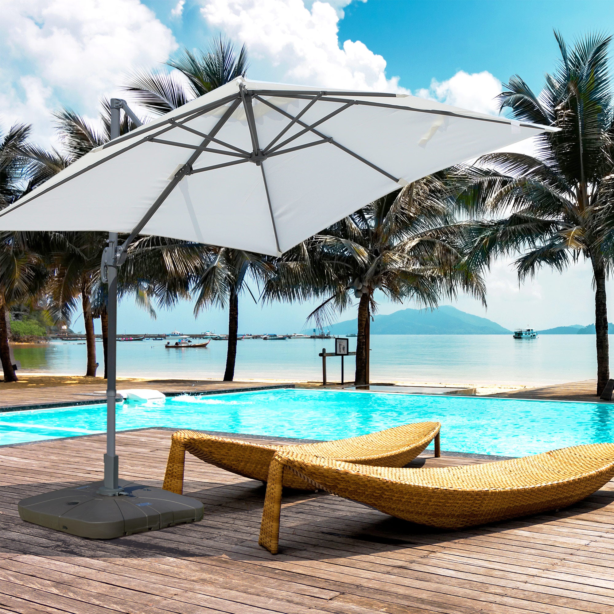 Outsunny Square Cantilever Patio Parasol Base Water or Sand Filled Stand with Wheels Heavy-Duty, Coffee 