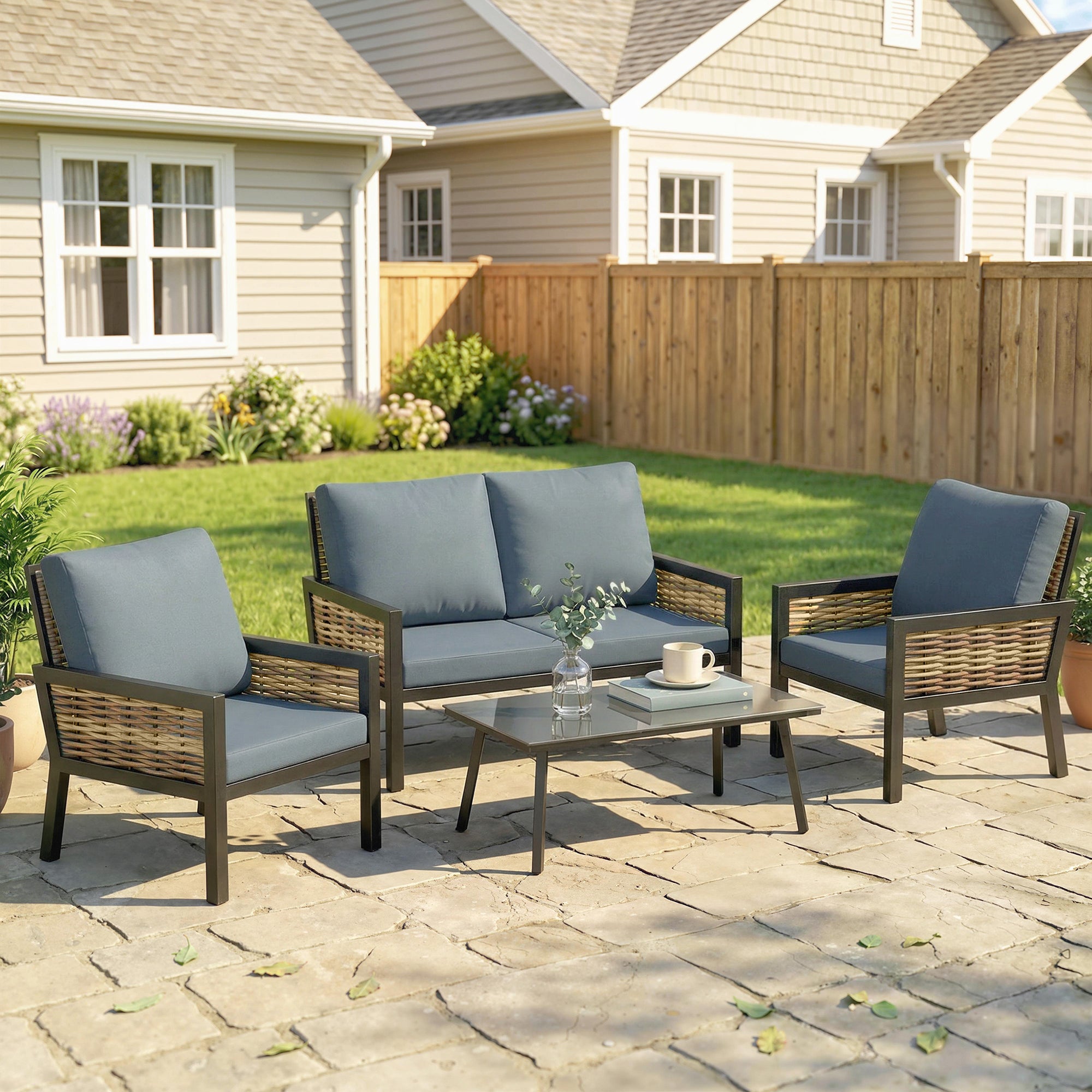 Outsunny 4 Seater Rattan Garden Furniture Set with 2 Armchairs, Loveseat, Coffee Table, Garden Sofa Set with Cushions, Grey 