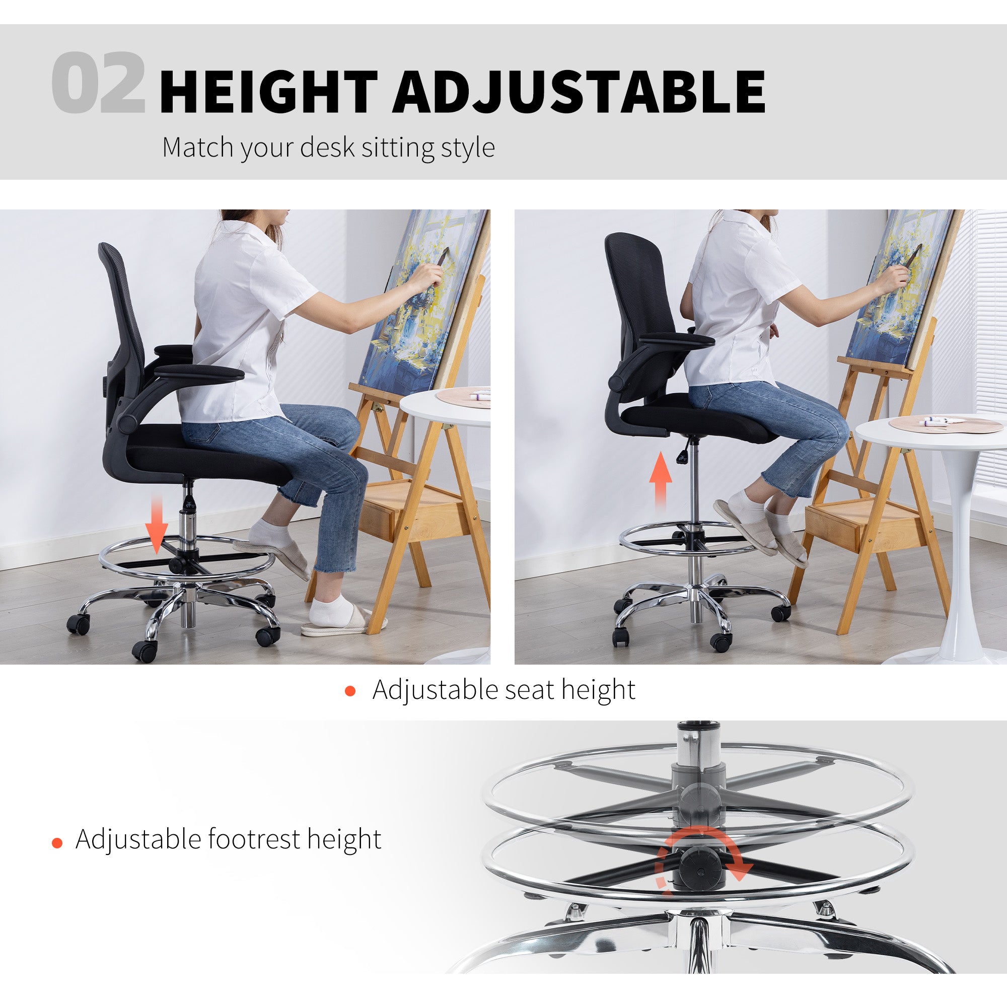 HOMCOM Draughtsman Chair, with Adjustable Lumbar - Black 