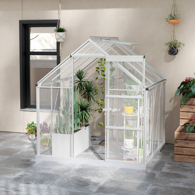 Outsunny 6 x 6ft Walk-In Greenhouse, Polycarbonate Greenhouse with Sliding Door, Window, Aluminium Frame, Foundation, Silver 
