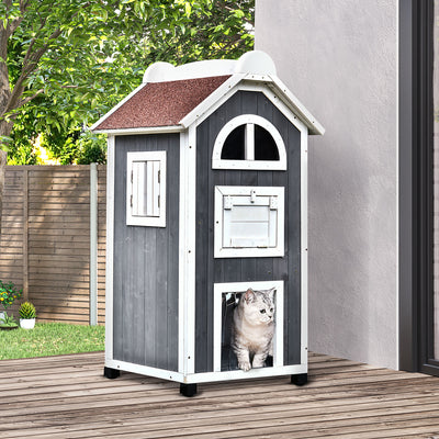 PawHut Wooden Cat House, Weatherproof Pet Shelter, Outdoor Cat Condos Cave, 2 Floor Furniture, Grey and White 