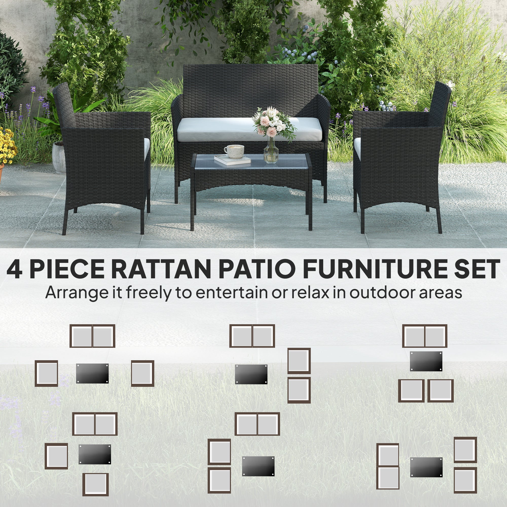 Outsunny 4 Piece Rattan Garden Furniture Sofa Set with Loveseat, Armchairs, Glass-Top Coffee Table and Cushions, Black 