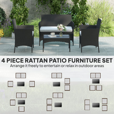 Outsunny 4 Piece Rattan Garden Furniture Sofa Set with Loveseat, Armchairs, Glass-Top Coffee Table and Cushions, Black 