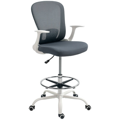 HOMCOM Draughtsman Chair, Mesh Drafting Chair, Ergonomic Office Chair with Flip-up Armrest, Adjustable Foot Ring, Grey 