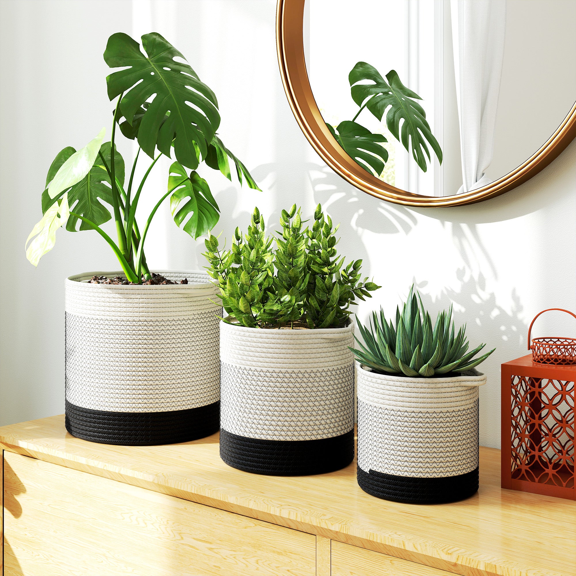 Outsunny Plant Pots Handwoven Cotton Indoor Planters with Waterproof Liner Set of 3 White 