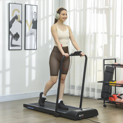 HOMCOM Foldable Walking Treadmill, with LED Display and Wheels, for Home, Office, Gym, Blue 