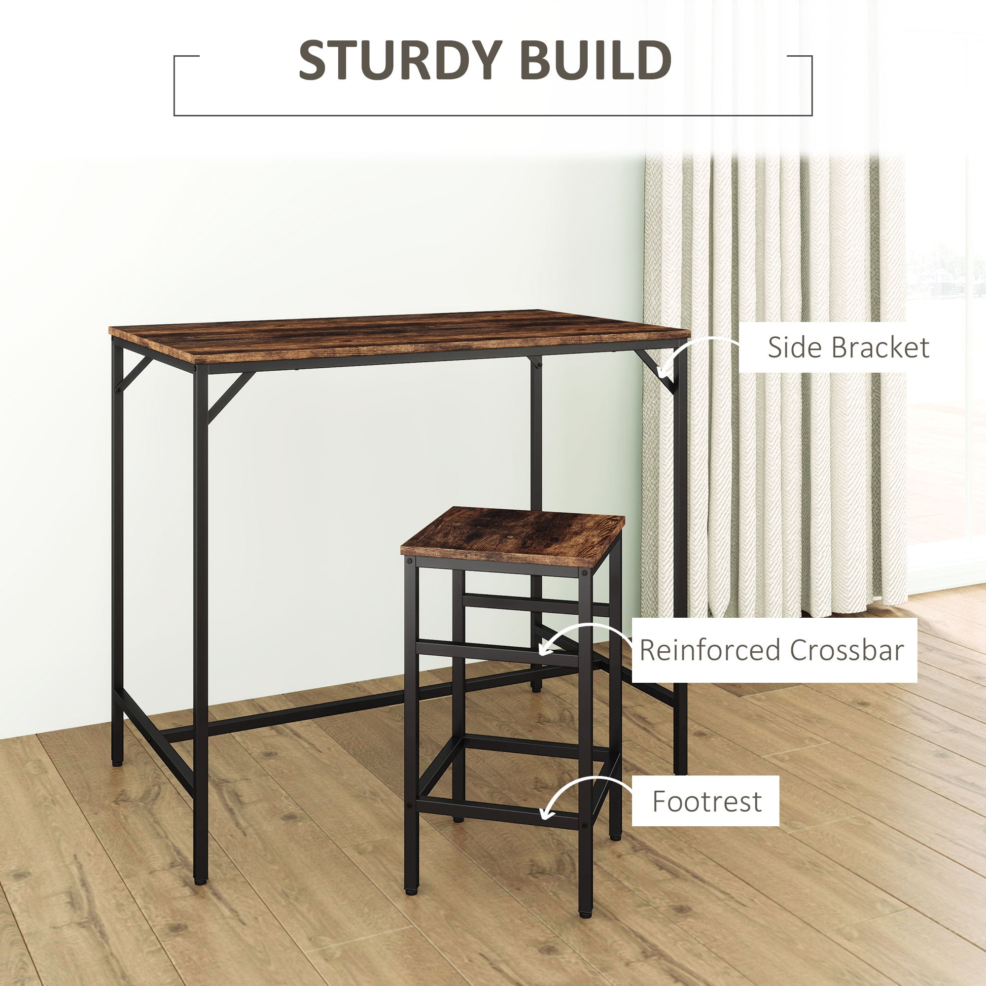 HOMCOM Industrial Rectangular Bar Table Set with 4 Stools for Dining Room, Kitchen, Dinette 