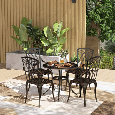 Outsunny 5 Pieces Garden Dining Set for 4, Cast Aluminium Outdoor Dining Set with 4 Armchairs and Round Dining Table with Parasol Hole, Garden Furniture Set, Bronze Tone 