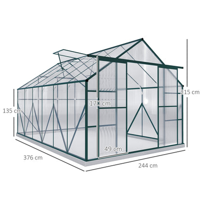 Outsunny 8 x 12ft Aluminium Greenhouse Polycarbonate Walk-in Garden Greenhouse Kit with Adjustable Roof Vent, Double Sliding Door, Rain Gutter and Foundation, Clear 