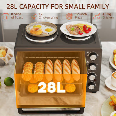 HOMCOM 28L Mini Oven with 2 Hot Plates, Countertop Toaster Oven, Grill, Roast, Bake, Boil, with Timer, Adjustable Temperature, Electric Oven with Baking Tray, Grill Rack, Crumb Tray, 2600W, Black 