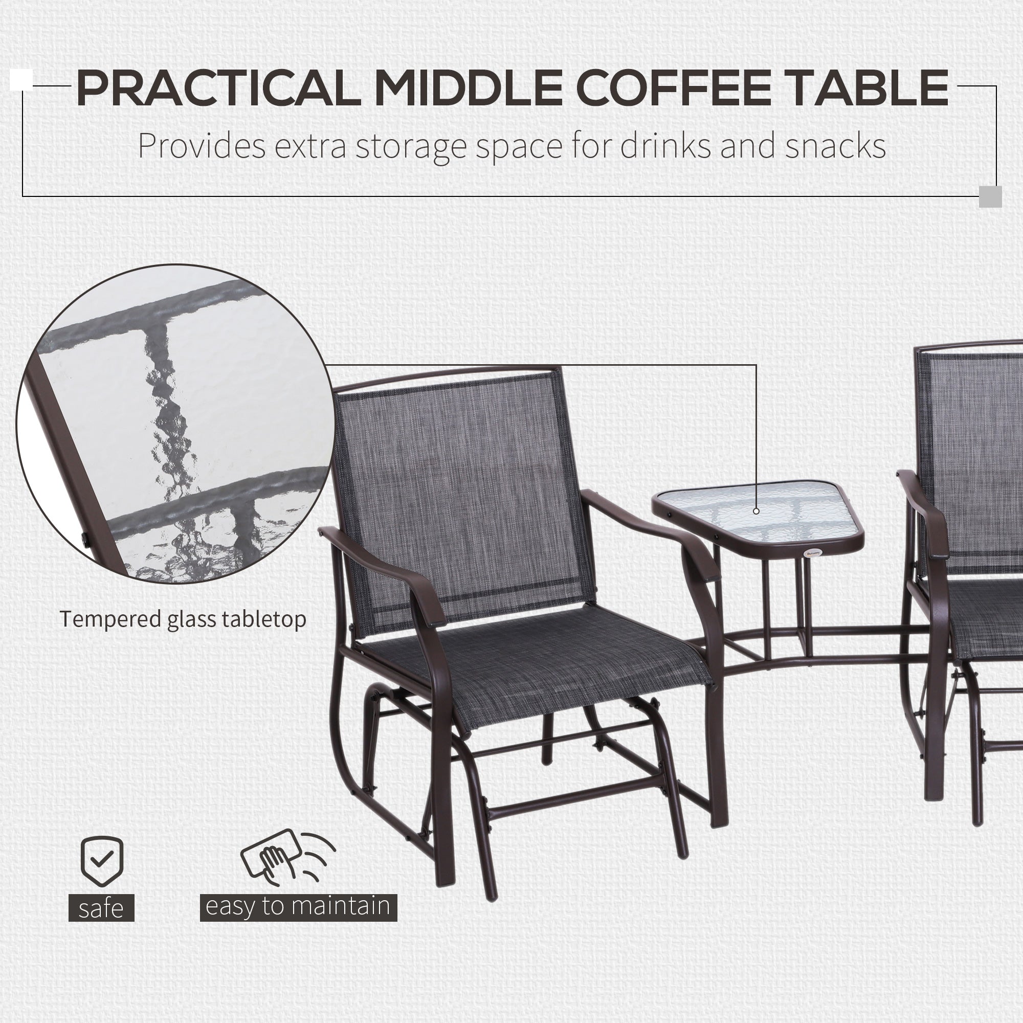 Outsunny Gliding Jack and Jill Seat, with Glass-Top Table - Brown/Grey 
