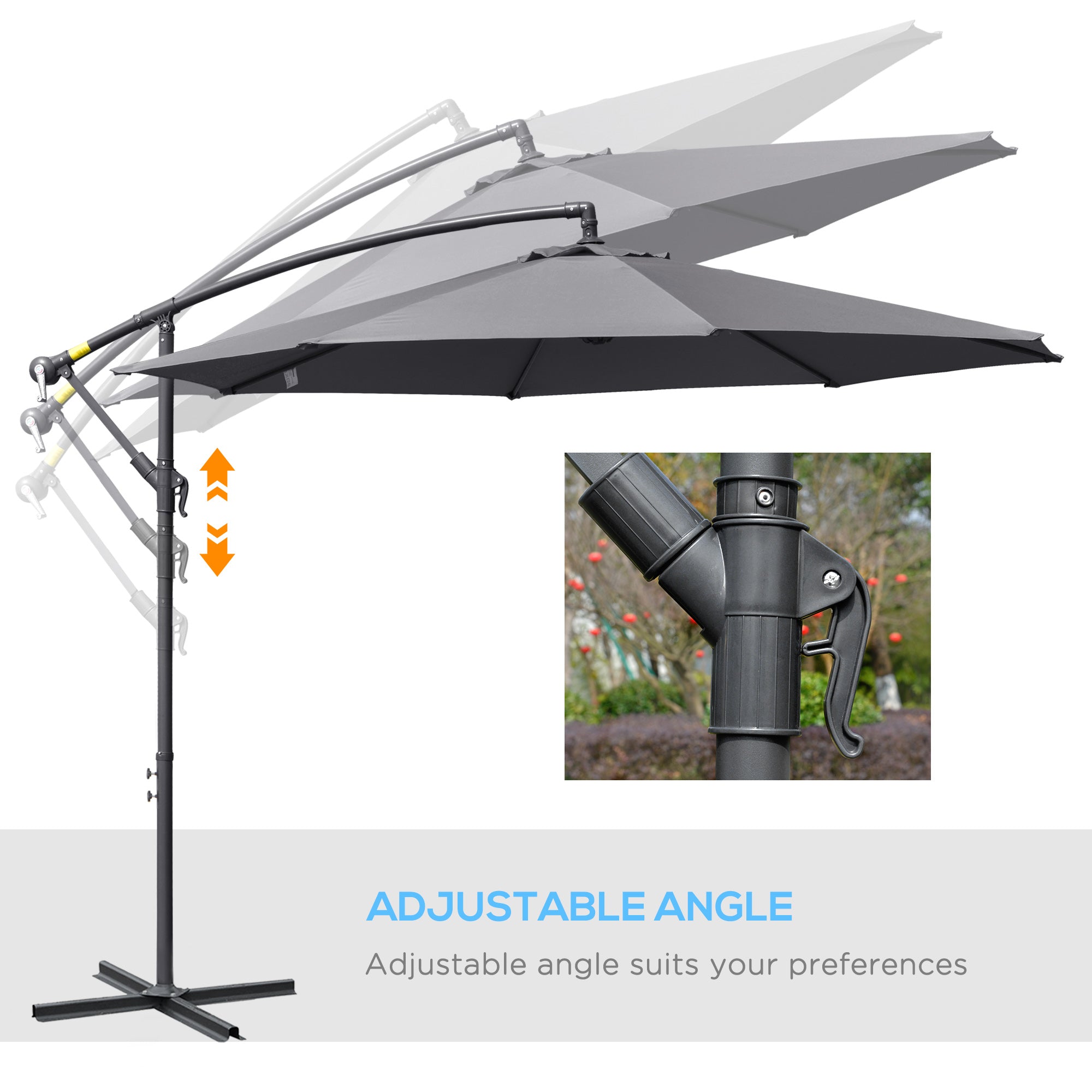 Outsunny 3(m) Garden Parasol Sun Shade Patio Banana Hanging Umbrella Cantilever with Crank Handle and Cross Base Grey 