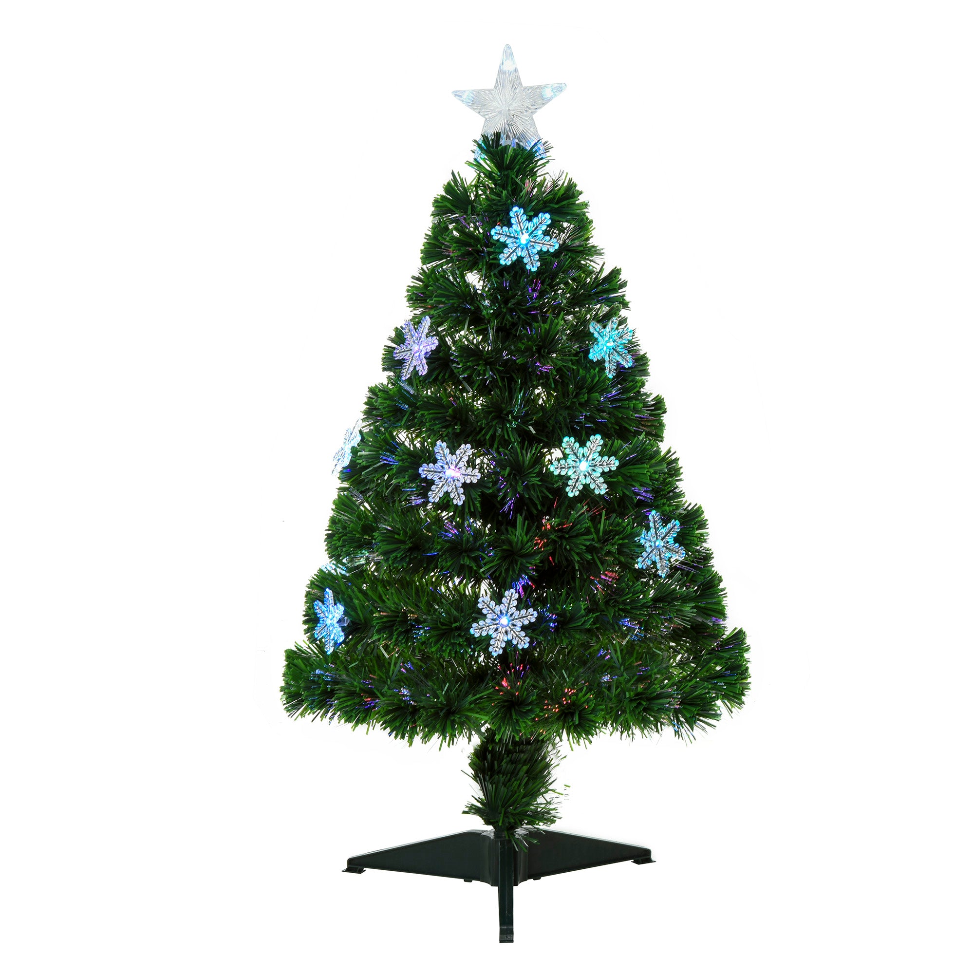 HOMCOM 3FT Green Fibre Optic Artificial Christmas Tree Xmas Colourful LED Scattered Tree with Snowflakes Ornaments Fireproofing 