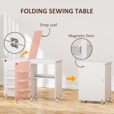HOMCOM Folding Sewing Table, Drop Leaf Craft Table with Storage Bins, Open Shelf and Wheels, Rolling Sewing Machine Cabinet Computer Desk for Small Space, White 