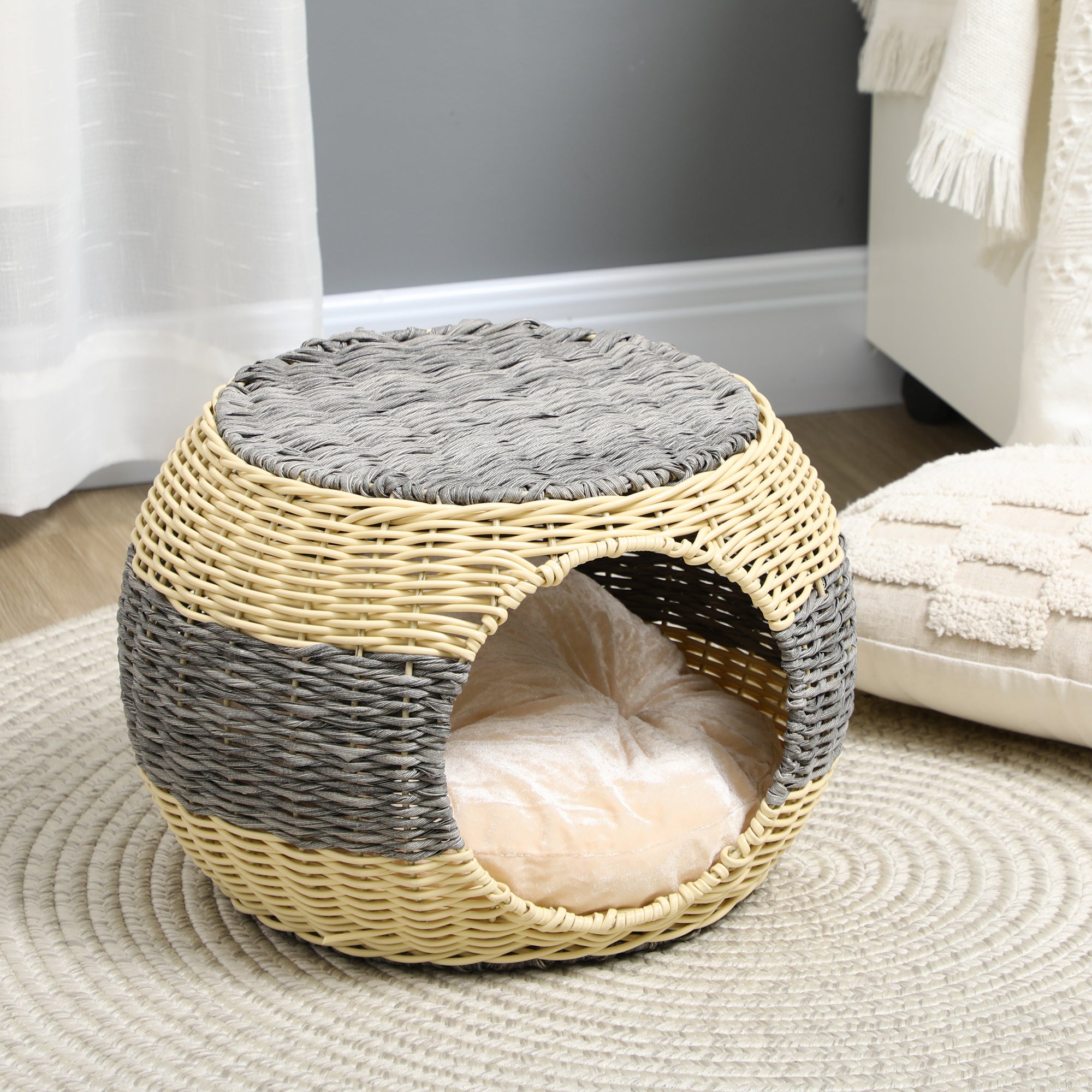 PawHut Wicker Cat House, Rattan Raised Cat Bed, Cosy Kitten Cave with Soft Washable Cushion, \'ce\'a640 x 30cm