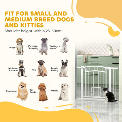 PawHut 77cm Tall Dog Gate with Cat Door, 7cm and 14cm Extensions, for Stairs, Doorways, 76-104cm Width 